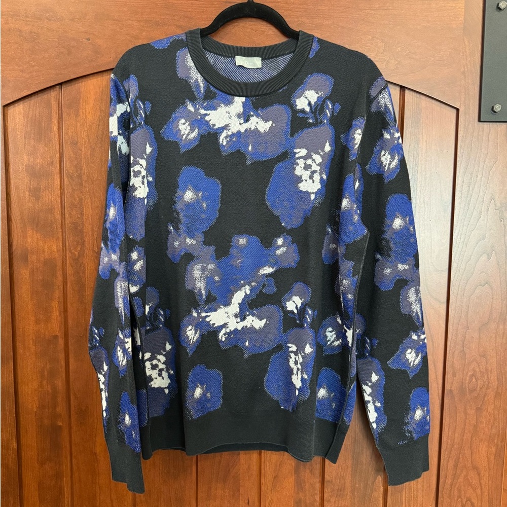 Dior Men's Black and Blue Silk Blend Floral Crewneck Sweater